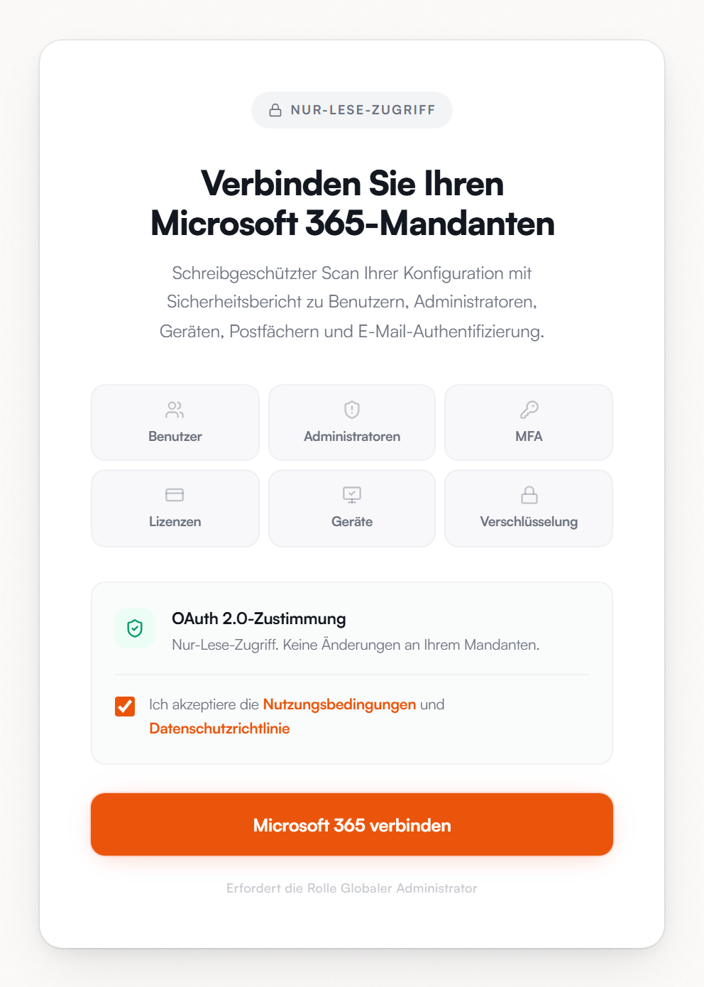 Startseite von scan.cloumo.com: „Verbinden Sie Ihren Microsoft 365-Mandanten“ mit dem Hinweis Nur-Lese-Zugriff, den Bereichen Benutzer, Administratoren, MFA, Lizenzen, Geräte und Verschlüsselung, der OAuth-2.0-Zustimmung ohne Änderungen am Mandanten und dem Button „Microsoft 365 verbinden“, der die Rolle Globaler Administrator erfordert
